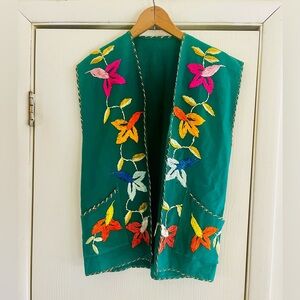 Vtg 1940s Hand Embroidered Mexican Folk Blanket Stitch Festival Boho Vest S/M